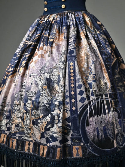 Chess Theme Blue Belt Waist Skirt Corset Print Dark Lolita