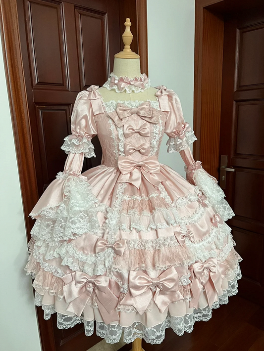 Dress Sweet Lolita Pink Accents High Detachable with Sleeves Bow Waist Princess