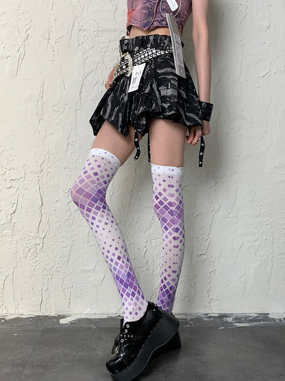 Overknee Stockings WhitePurple Y2K Pattern Diamond