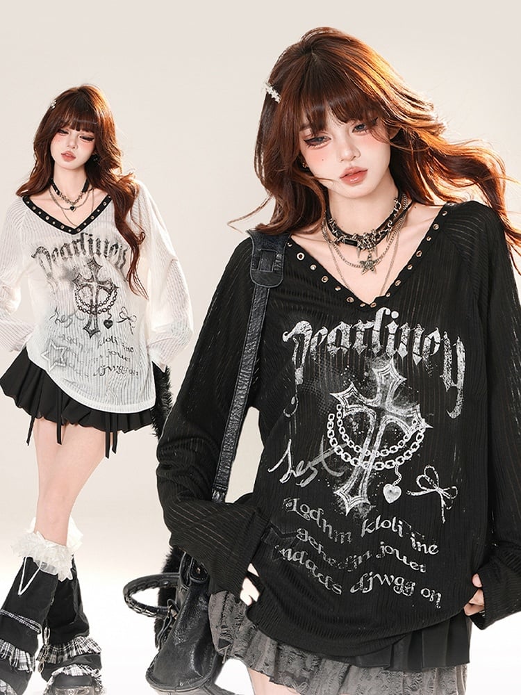 Vネック クロスプリント サンプロテクション カバーアップ ブラック/ホワイト