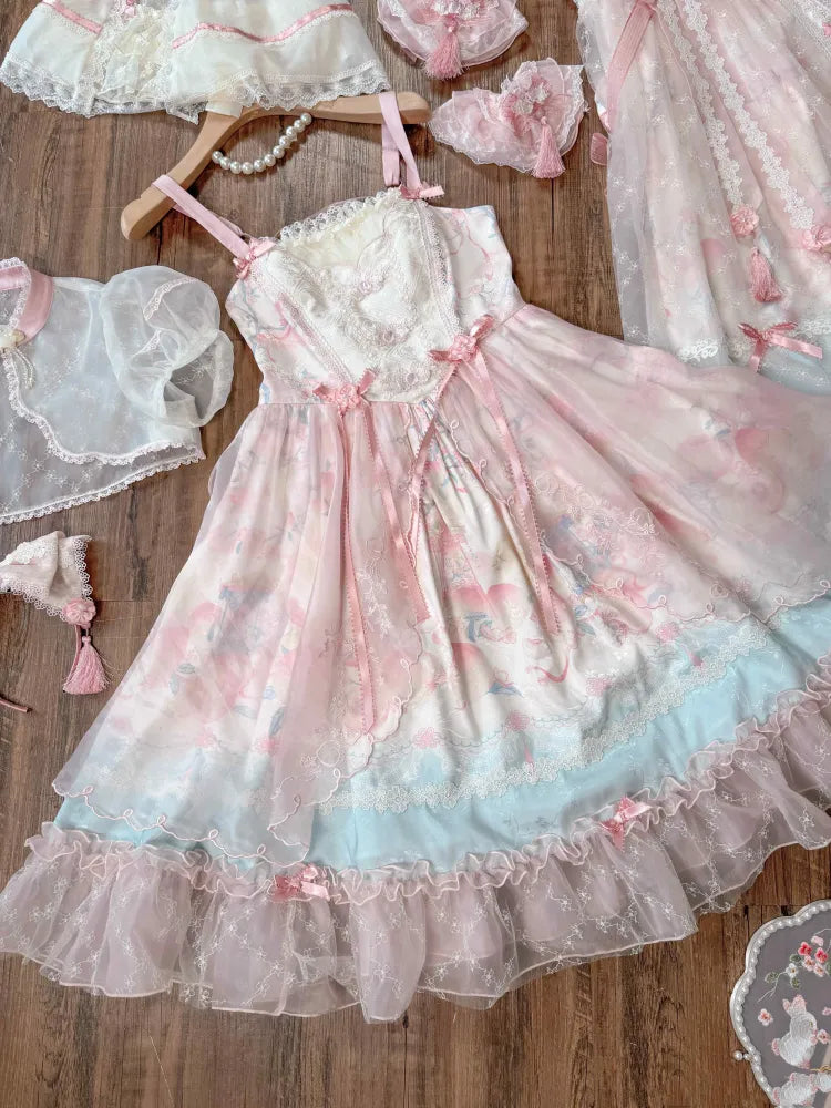 Robe Lolita rose à taille basque, imprimé pêche et fleurs de pêcher JSK