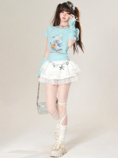 White/Black/Blue Glamorous And Print Sleeves Bunny With T-shirt Letter