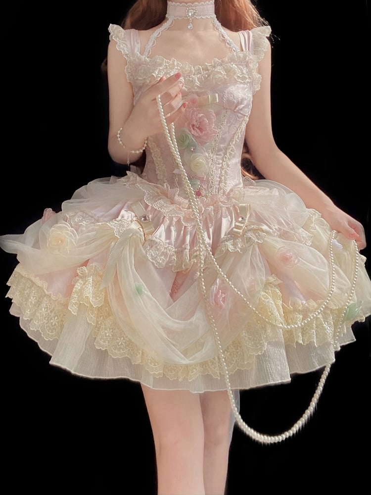 Robe princesse Lolita Hanayome à taille corset et baleines, motif floral rose