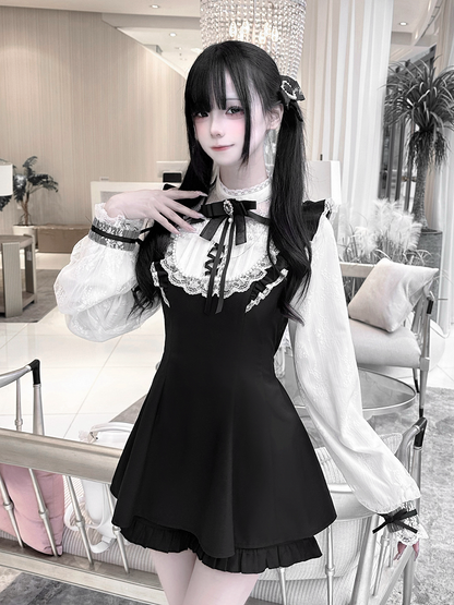 Sleeves Jirai Kei Black Illusion Neckline Flutter Plaid Set Lace Trim Mini Dress+Shorts White/Gray