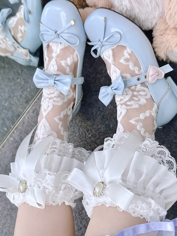 Details Socks White/Black Semi-sheer Calf Bowknot Ruffled Cuff