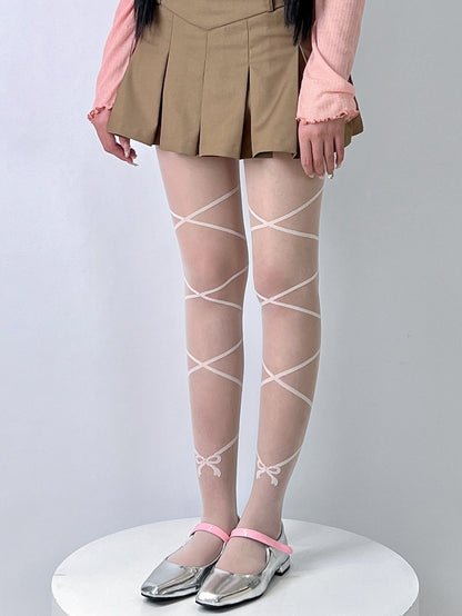 Banded Bowknot Tights Nude/White Print Crisscorss