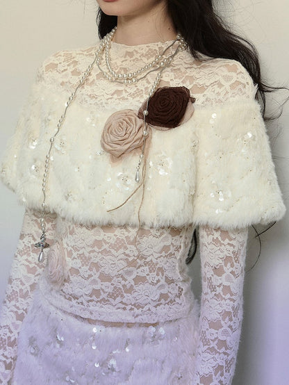 Apricot Flowers Adorned Plush Shawl Long Sleeves Lace Top