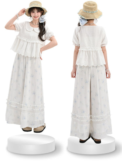 Blue Floral Pattern Version White Chiffon Waist Wide-Leg Pants Elastic Regular/Short