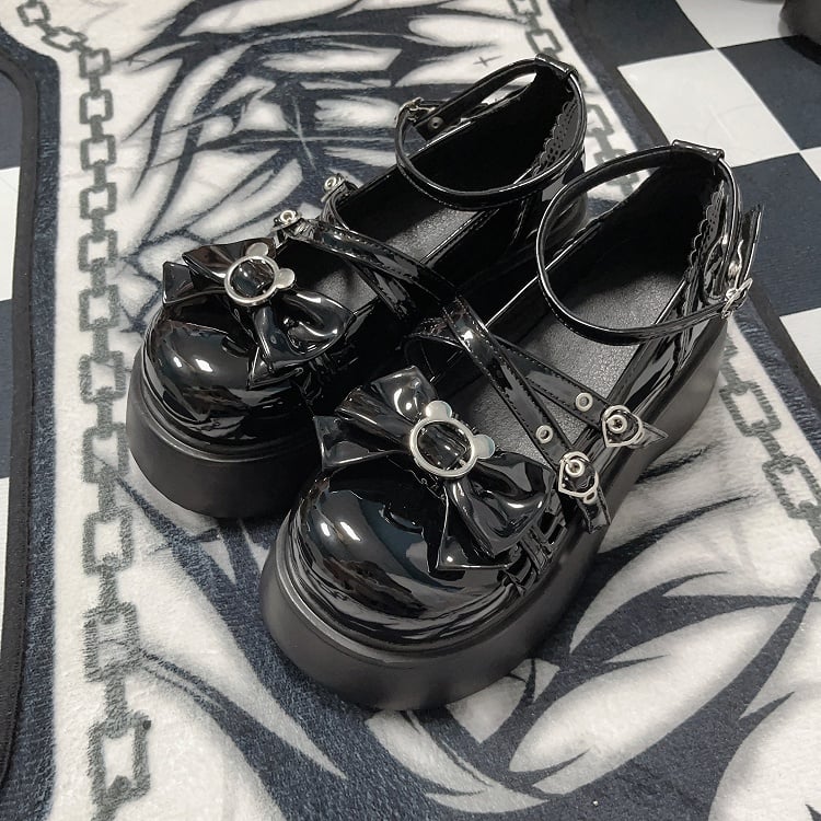 Y2K Polished Black Bear Bowknot Buckle Strap Punk Platform Shoes