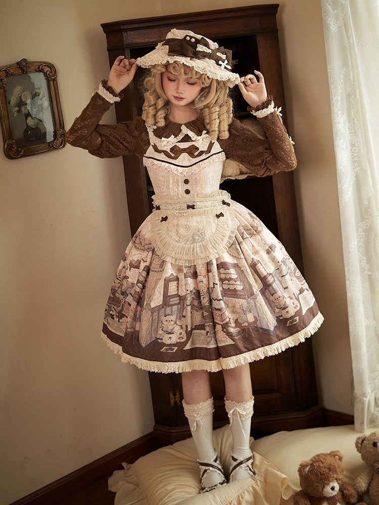 Sweet Creamy Little Print Bear Coffee Jumper Lolita House Skirt