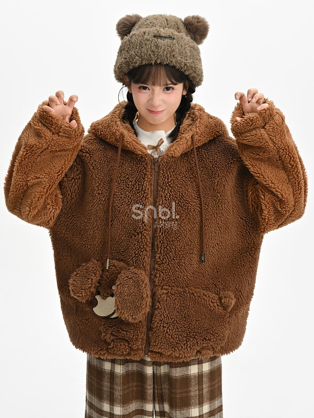 Brown Cute Puppy Pocket Design Fleece Zip Hoodie