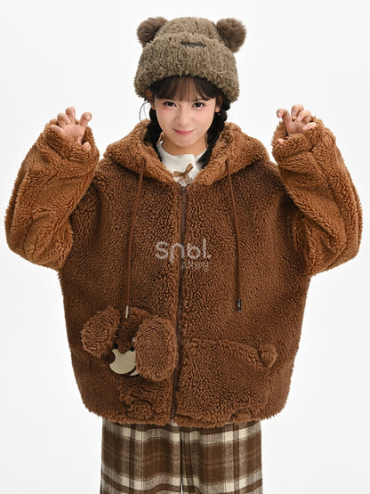 Brown Cute Puppy Pocket Design Fleece Zip Hoodie