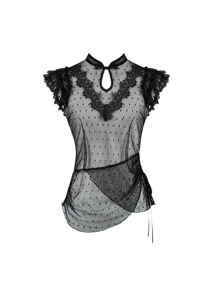 Sleeves Tulle Black Top Dotted Flutter Collar Qipao Sheer