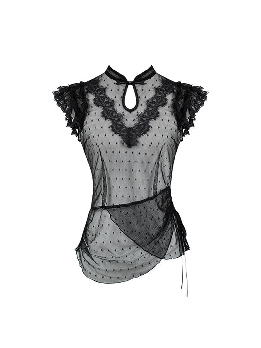 Sleeves Tulle Black Top Dotted Flutter Collar Qipao Sheer