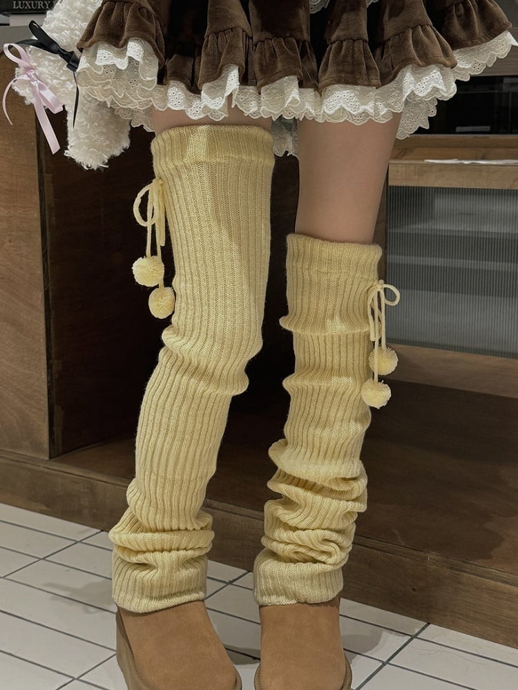 White/Beige/Light Grey/Black Knitted Leg Warmers With Pompons