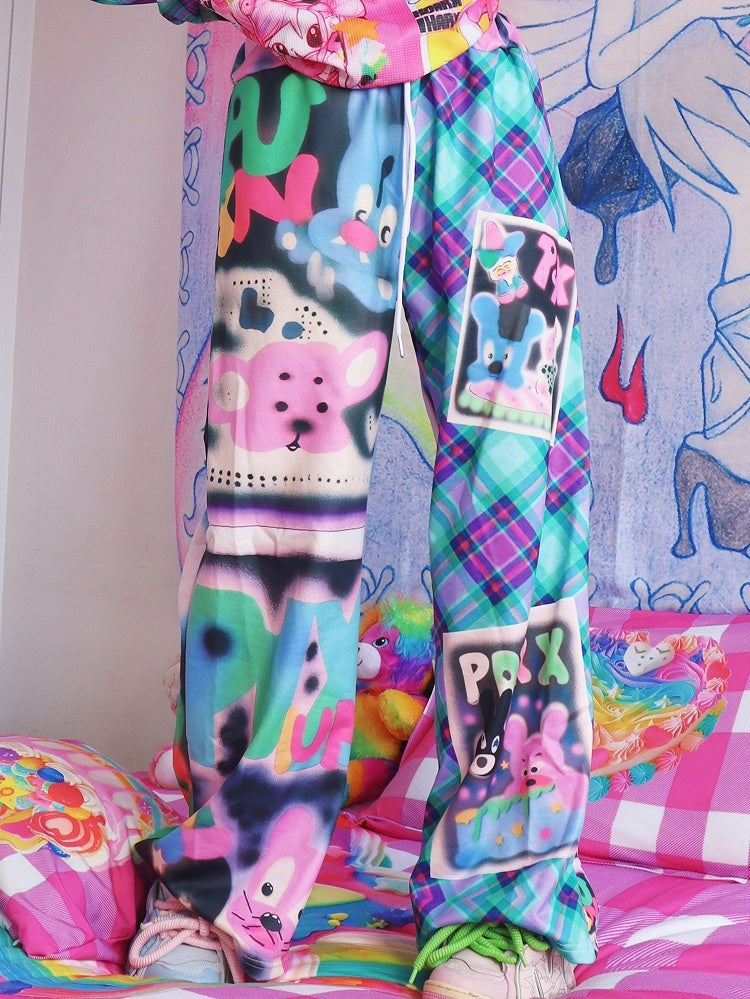 Pants And Flare Letter Cartoon Pattern Silhouette Y2K Colorful Plaid Print