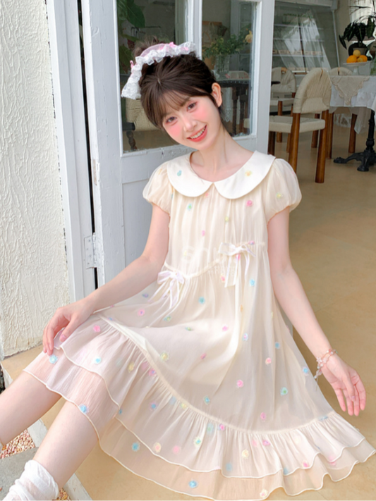 Pattern Colorful Polka-dot White Peter Pan Collar Puff Sleeves Chiffon Dress