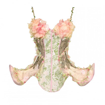 Straps Boned Floral Design Fairy Vine Green Top Pink Spaghetti and Goth Corset