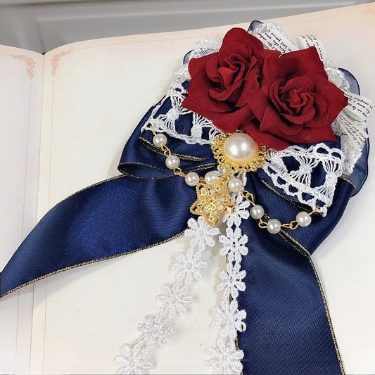 Blue&White Snow White Vibes Rosette Design Beaded Charm Bowknot Hairclip