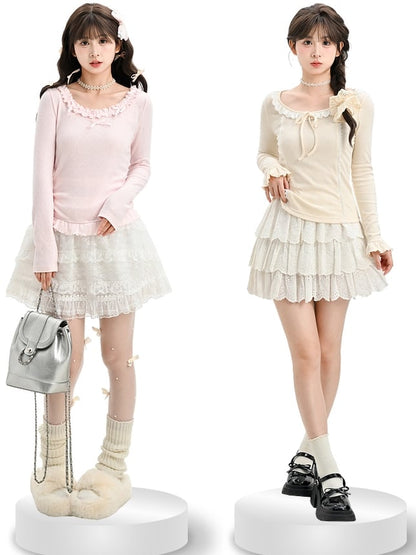 Apricot Lace Trim Long Sleeves Top Bowknot Details