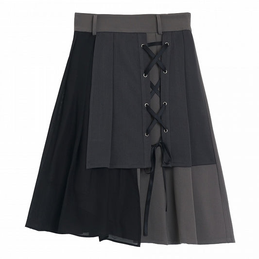 Black Gray Lace-up Knee Length Skirt