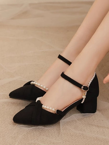 Dekor-Kettenschuhe, kompliziertes Qi, spitz zulaufend, mit schwarzer Spitze – Absatz, mittelhoher Absatz, Perlensandalen, Lolita, abnehmbare Rückseite, Wildleder