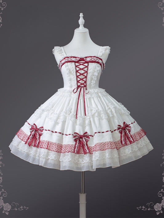 White and Wine Red Lace-up Bow Accents Lace Trim Sweet Princess Dress Lolita Jumper Skirt