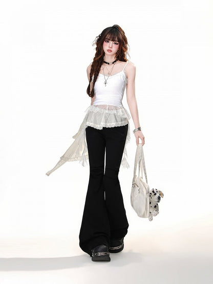 Design Black Elastic Waist Patchwork Hem Flared Pants Asymmetrical