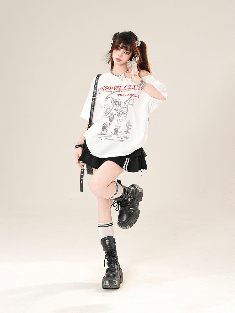 White Asymmetrical Neckline Loose Graphic T-Shirt