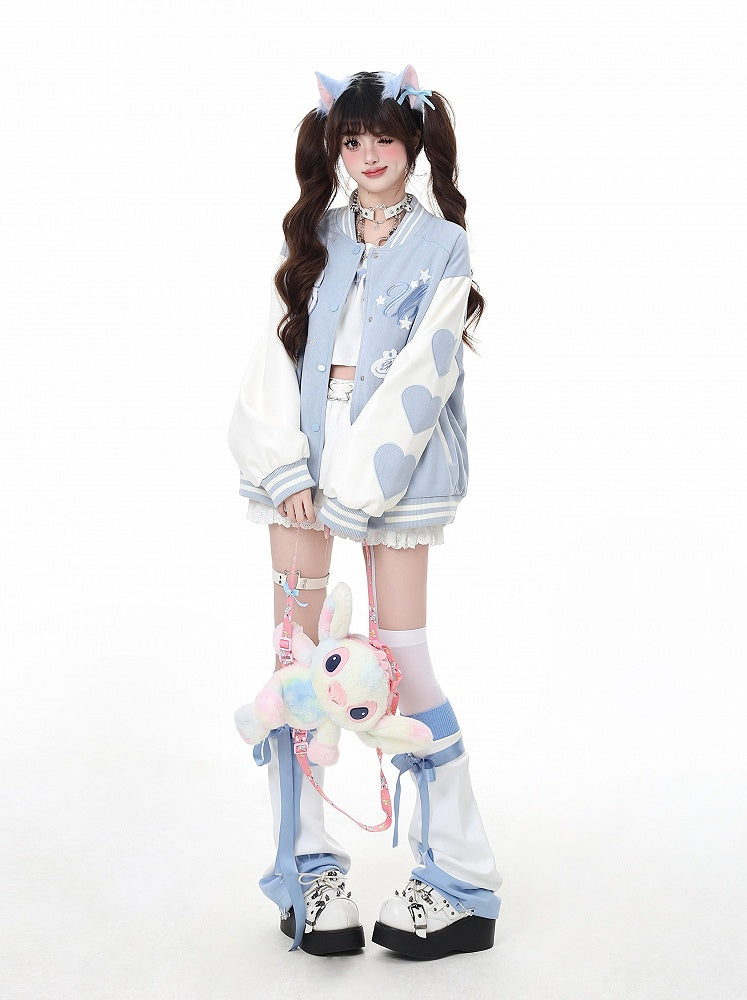 Veste de baseball Yume Kawaii rose/bleu avec appliques clés