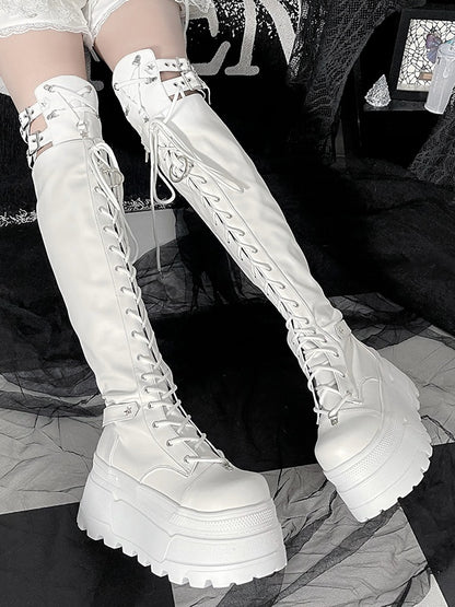 Y2K Matte White Punk Star Strap Details Thigh-high Platform Boots