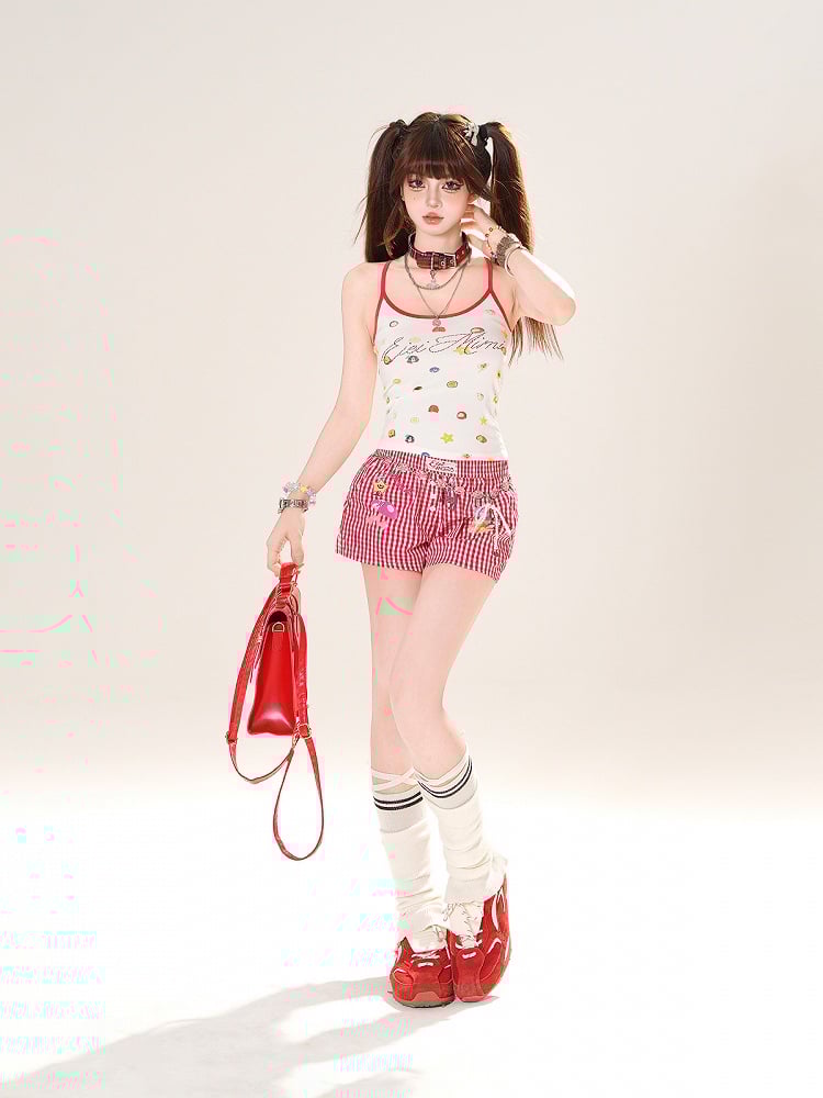 Red Plaid Straight-Leg Casual Shorts