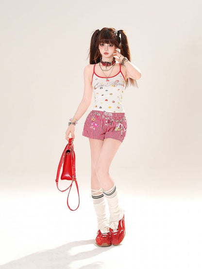 Red Plaid Straight-Leg Casual Shorts
