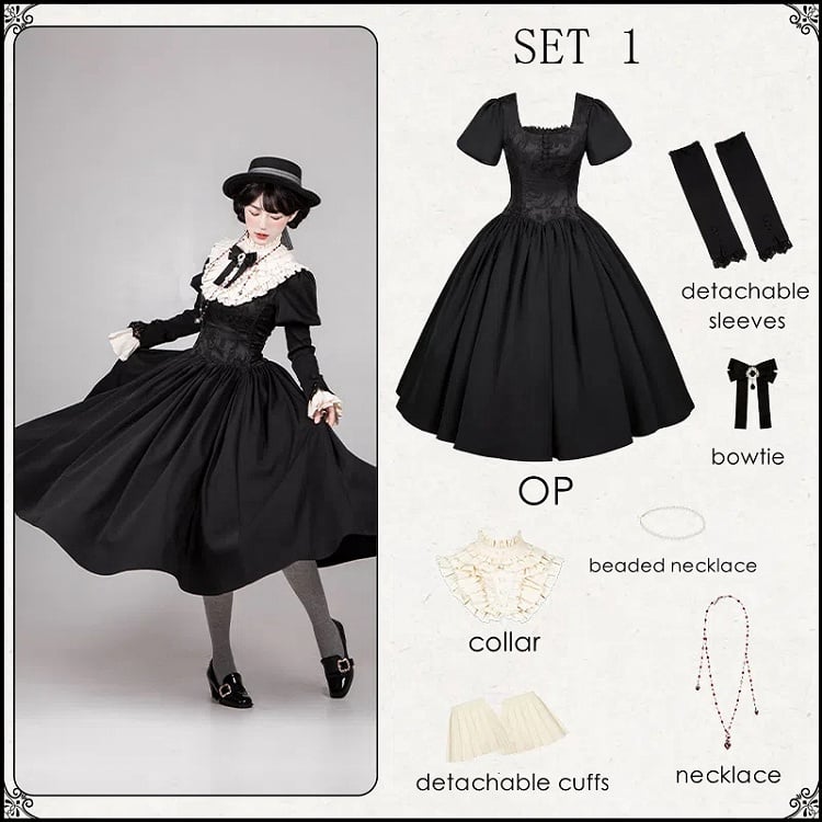 Robe noire longue à taille baleinée et décolleté carré, ensemble complet élégant Lolita