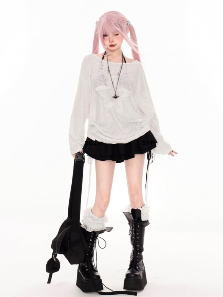 White Asymmetrical Neckline Ruffled Star Drawstring Side Coverup