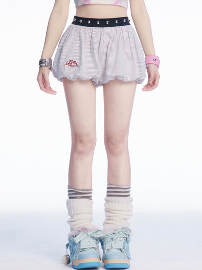 Embroidery Mini Bubble Skirt Pattern White Striped Letter