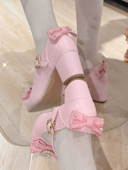 Schuhe Janes Bowknot Strass verziert und rund Mary Lolita Details Perlen Zehen rosa