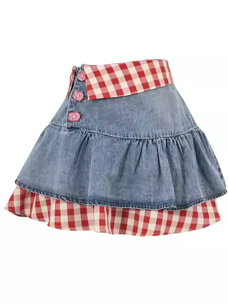 Two-pieces Tiered Denim Skirt Red Plaid Hem Blue High Waist Faux