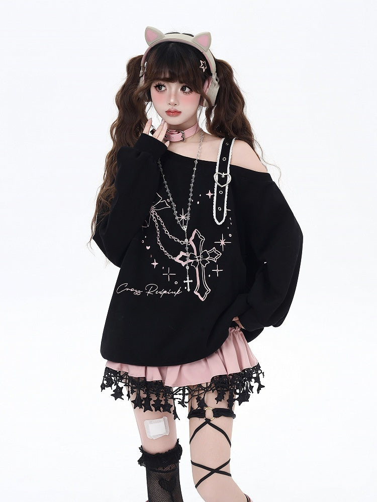 Black/Pink Asymmetrical Neckline Heart Buckle Cross Embroidered Sweatshirt