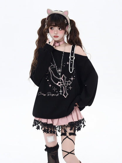 Black/Pink Asymmetrical Neckline Heart Buckle Cross Embroidered Sweatshirt