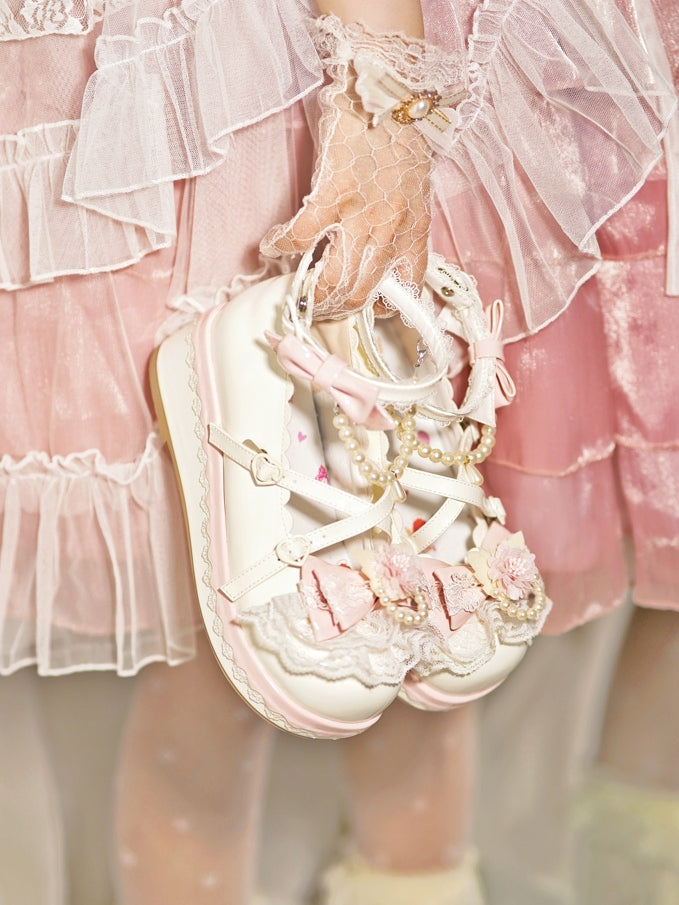 at Design Bow Trim White Chain Heart Platforms Beaded Buckle With Floral Top Detachable Lace