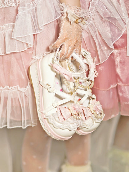 at Design Bow Trim White Chain Heart Platforms Beaded Buckle With Floral Top Detachable Lace