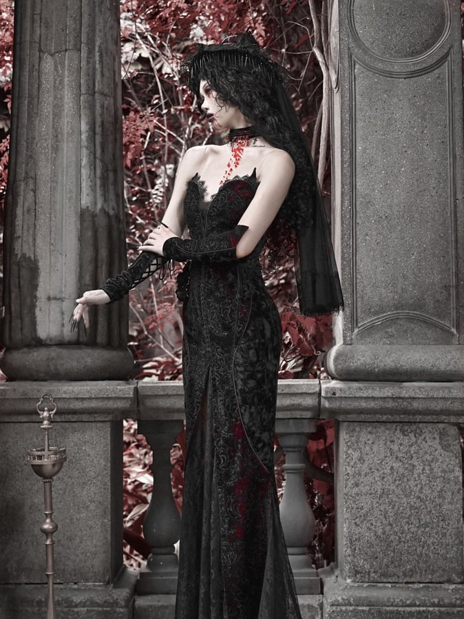 Romantic Goth Deep V-neck Vampire Mermaid Dress