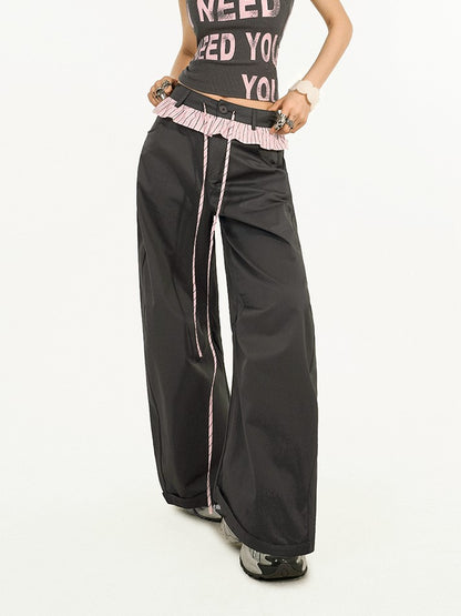 Two-piece Trim Wide-Leg Pants with Pink-Black Striped Black Faux Ruffle