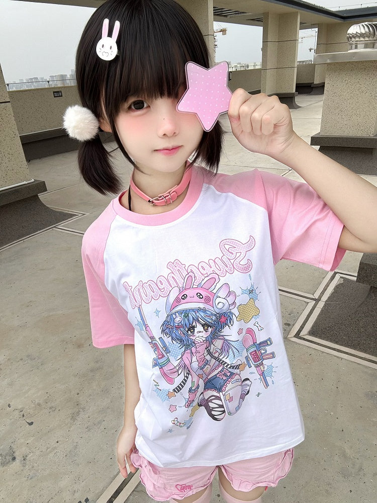 T-Shirt mit Anime-Mädchen-Print, Stern und Halsband, rosa und weißes Colorblock-Design, kostenlos