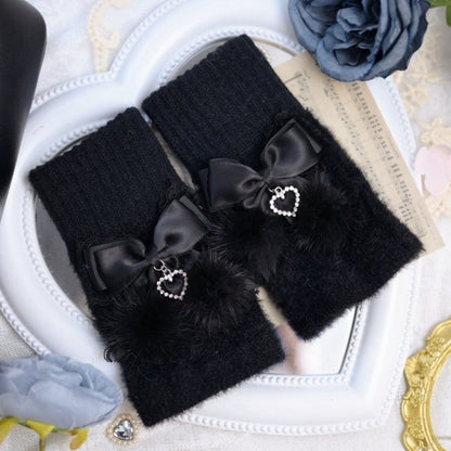 Jirai Kei Dusty Pink Black Fluffy Bows Adorned Knit Gloves