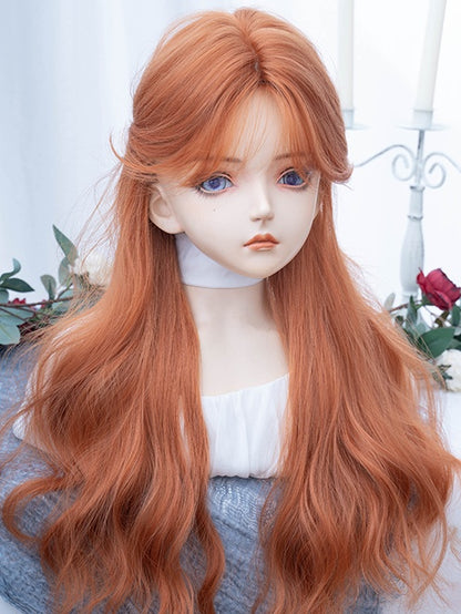 Orange Long Wavy Synthetic Wig With Curtain Bangs