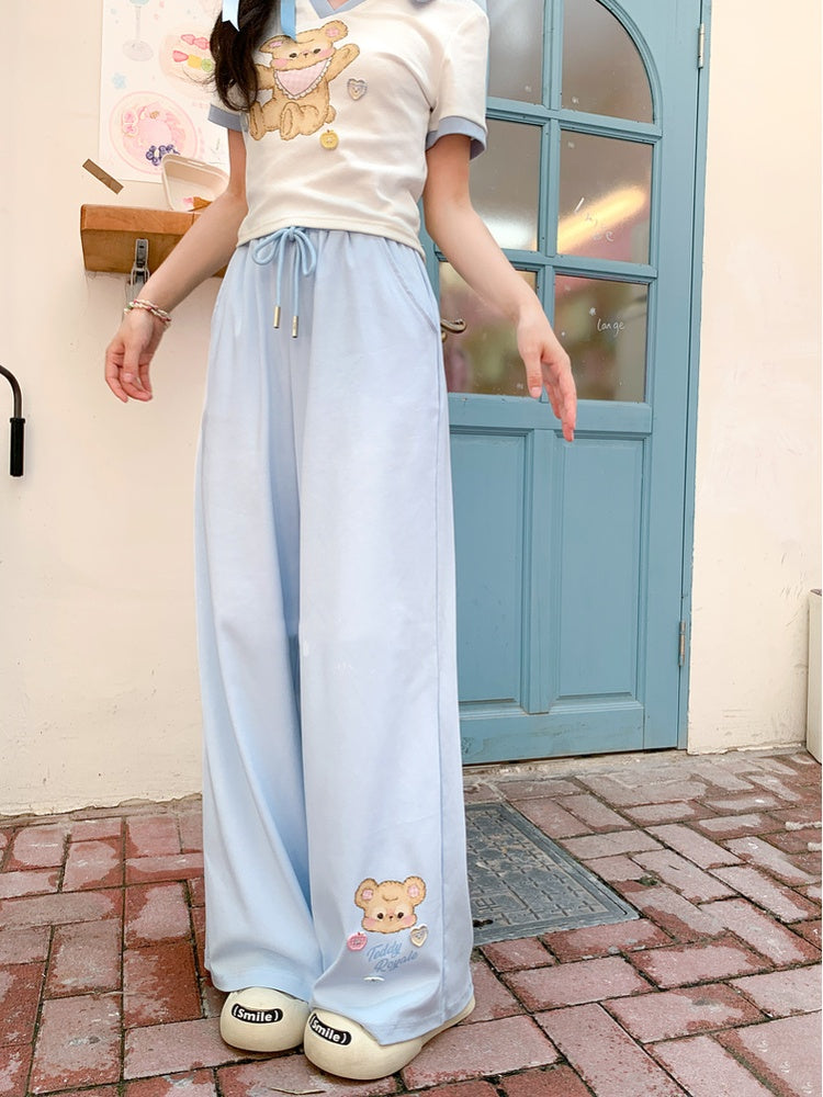 Wide-Leg Casual Pants Blue Drawstring Waist Bear Print Cuff
