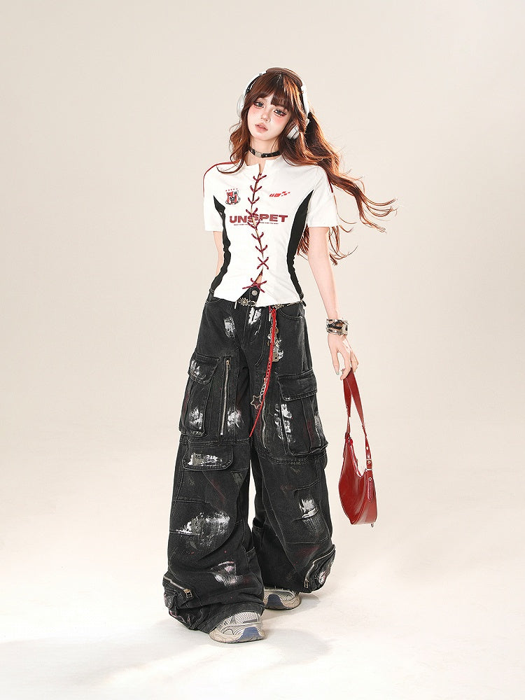 White Lace-up Front Slim-Fit T-Shirt