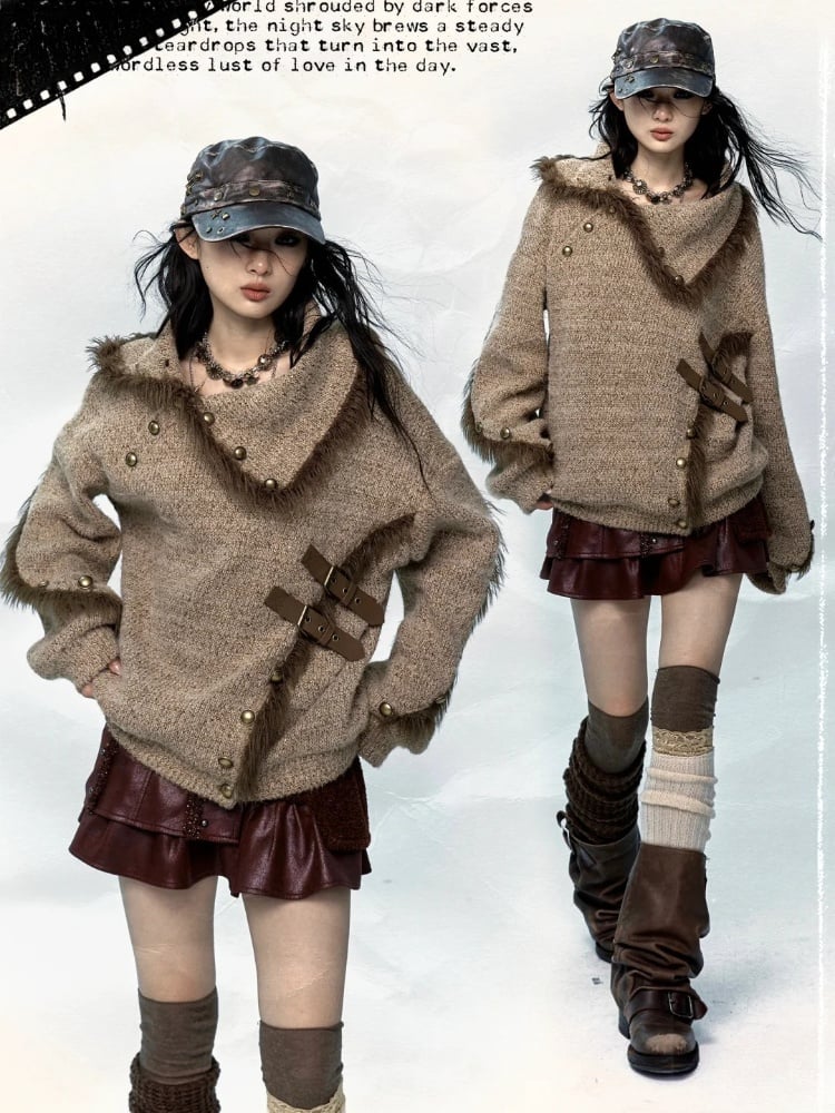 Light Coffee Plush Trim Knitted Sweater with Buckle & Studs